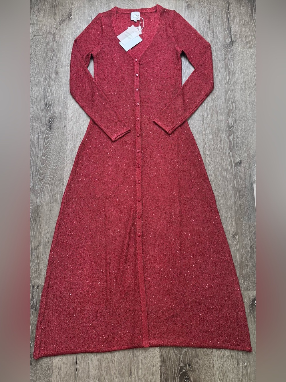 MISA Los Angeles Sequin Knit Maxi Dress Red Button Front Long Sleeve M NWT